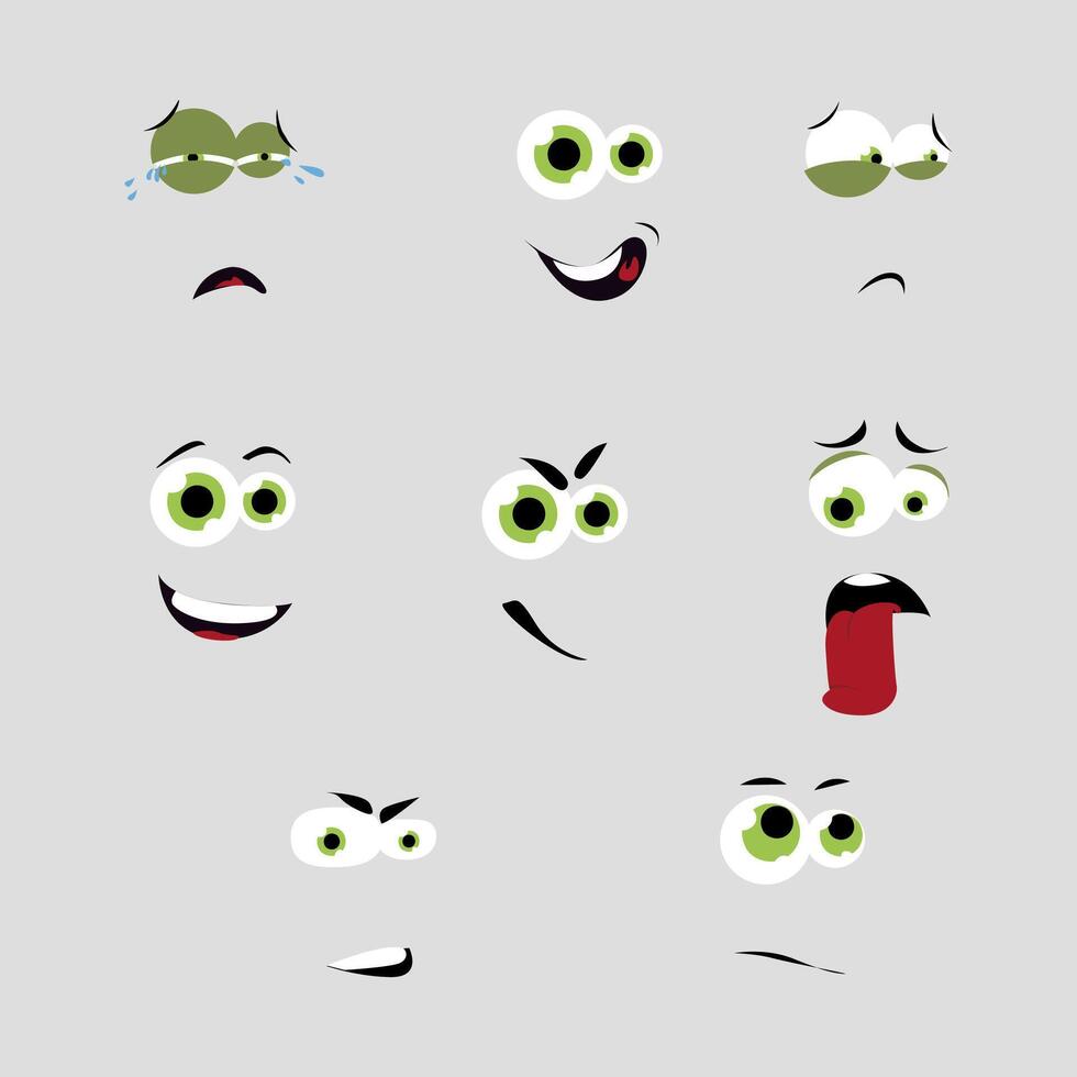 Eyes and mounth face, stick tongue out, smile and enjoy. Sad and confident, embarrassed and angry, facial cry and fury, upset and love. Vector illustration