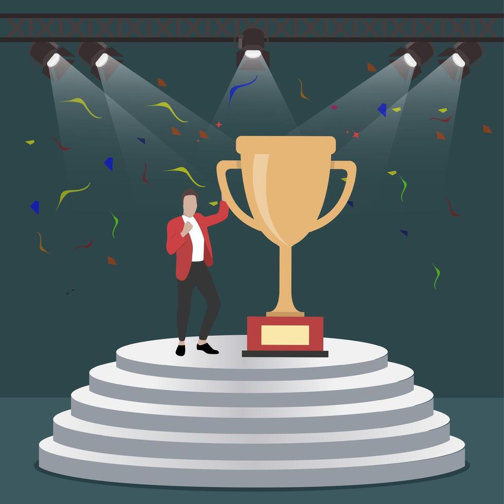 Successful man with golden cup on stage. Cup of winner, victory stage, celebration achievement, championship in business getting prize and trophy, champion award, vector illustration