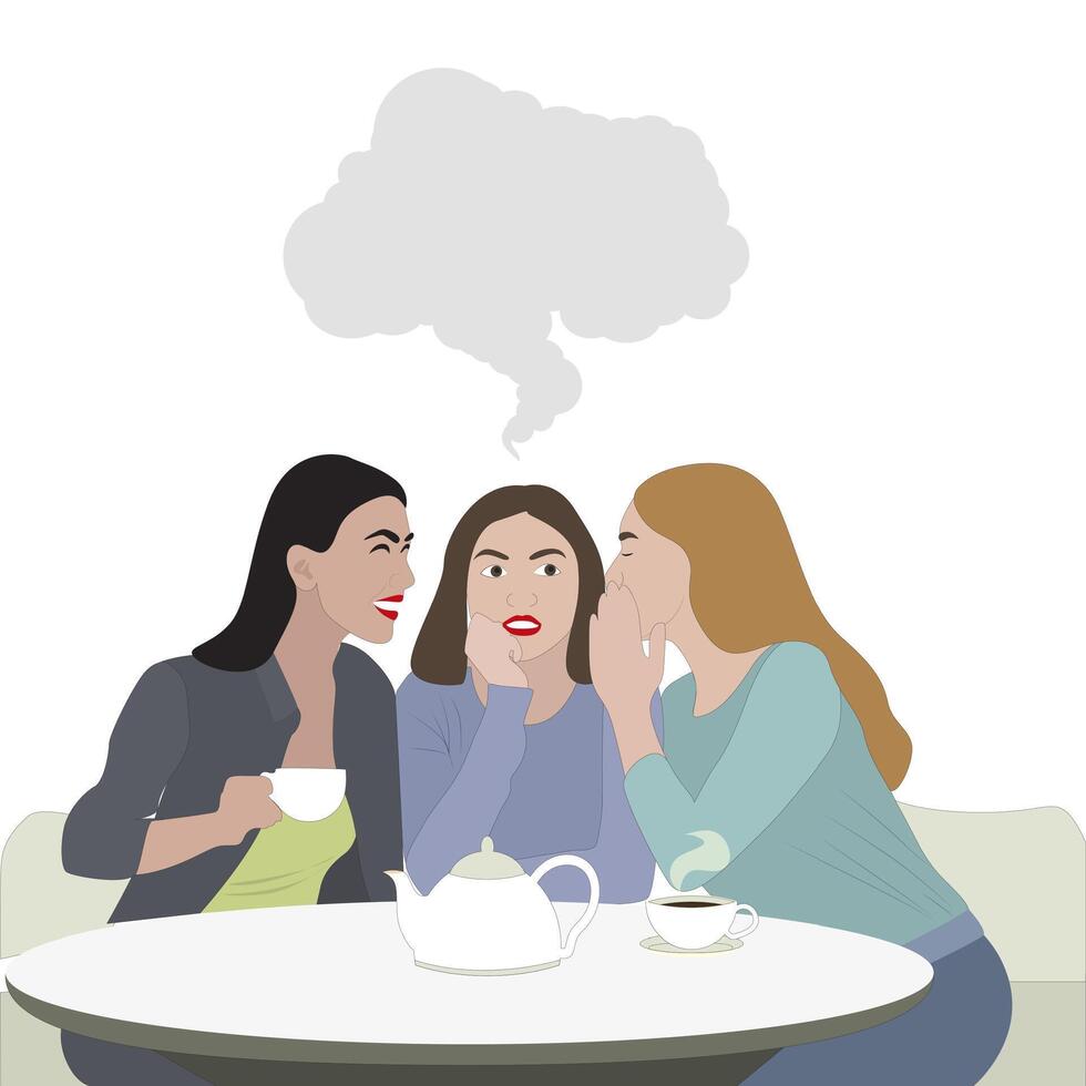 mujer amistad, muchachas chisme con taza de café. amigos colgar fuera juntos, dama sorpresa expresión desde chismoso, vector ilustración