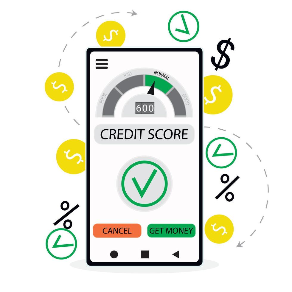 Approved loan, good credit score rating in internet banking. Illustration vector. repaid loan, good financial condition, user indebtedness, loan application, unpaid debts vector