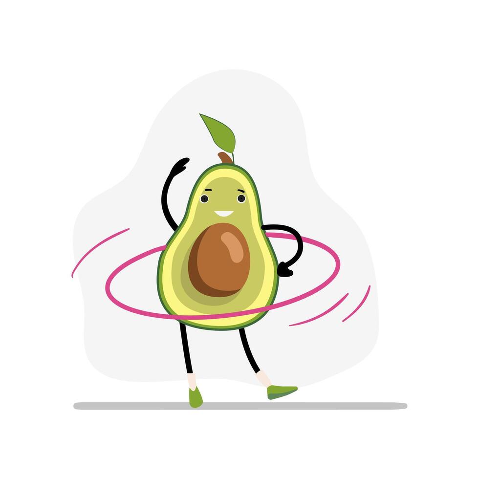 Avocado sport with gymnastic ring. Avocado happy and health, sport vegetable character, fruit food. Vector illustration
