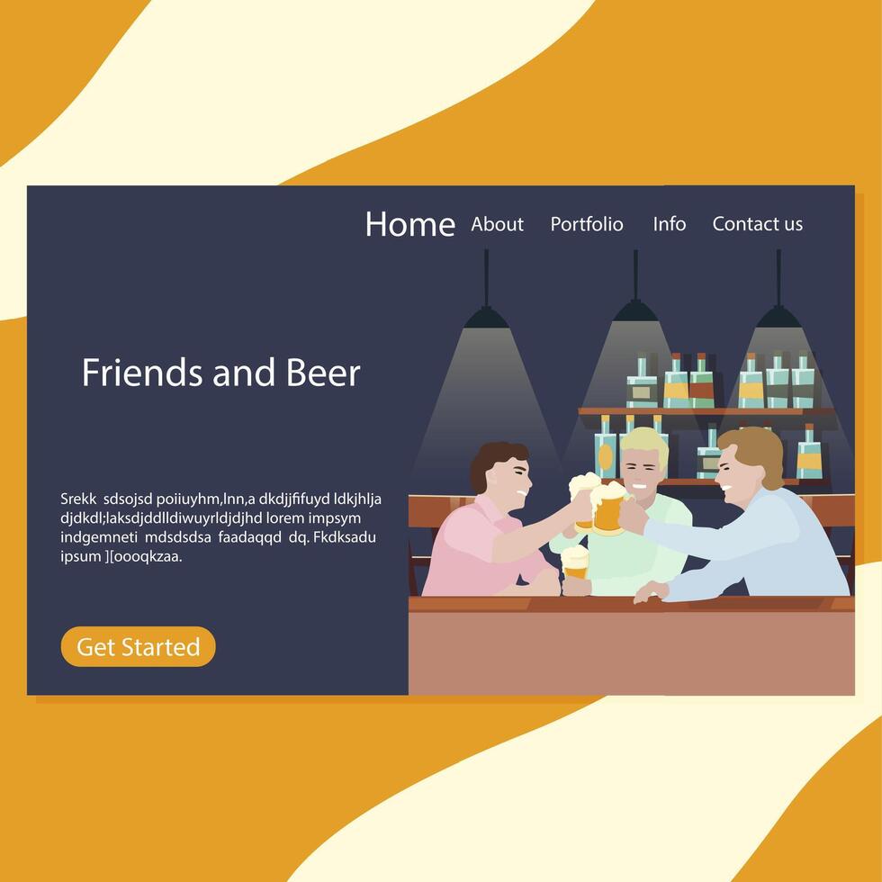 Friends and beer landing page pub. Illustration beer party, friday together drinking, drink and cheers page pub, talking men in bar vector