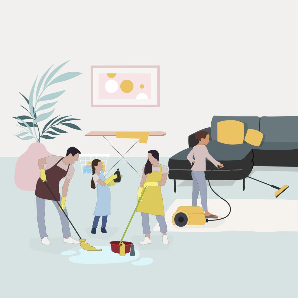 Family clean room together, father mother and kid wipe dust, vacuuming. Clean house illustration, domestic chores vector