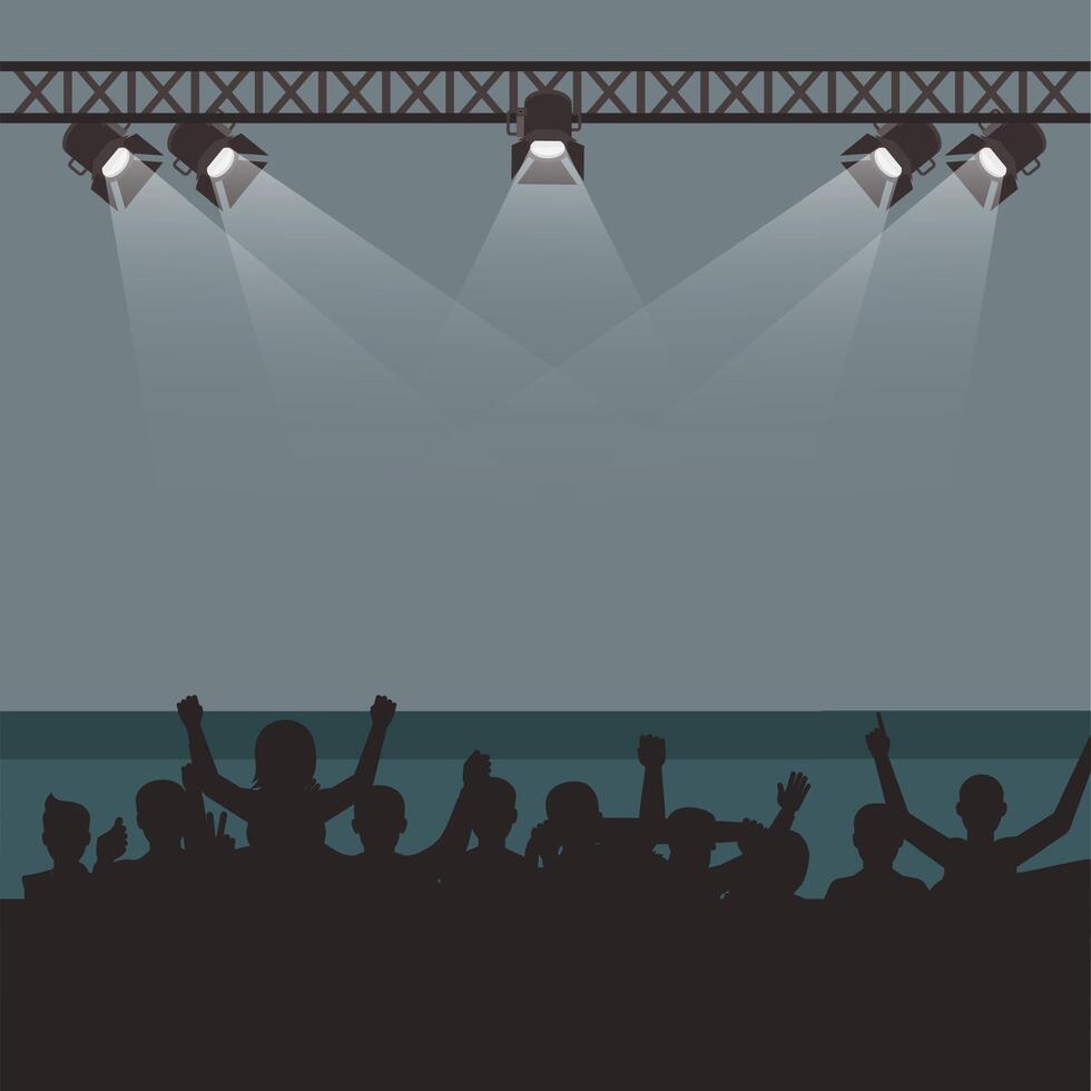 Empty stage with fans and spectates, concert festival or musical event. Show stage club, illuminated empty, shine spotlight, bright scene illumination to concert. Vector illustration