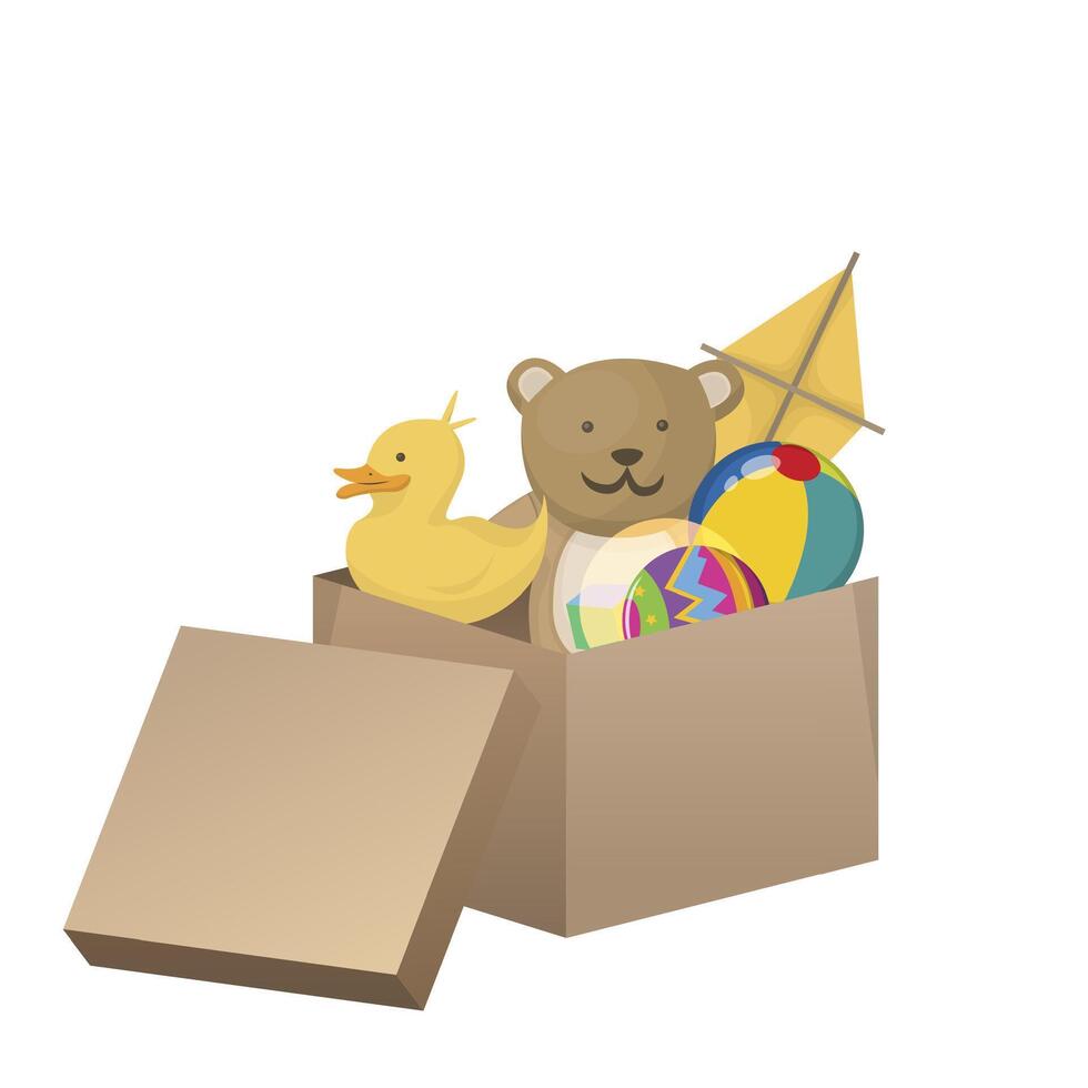 caja de cartón caja con niños juguetes niños juego, caja paquete para bebé, infancia jugando y actividad, cometa osito de peluche y caucho pato. vector ilustración