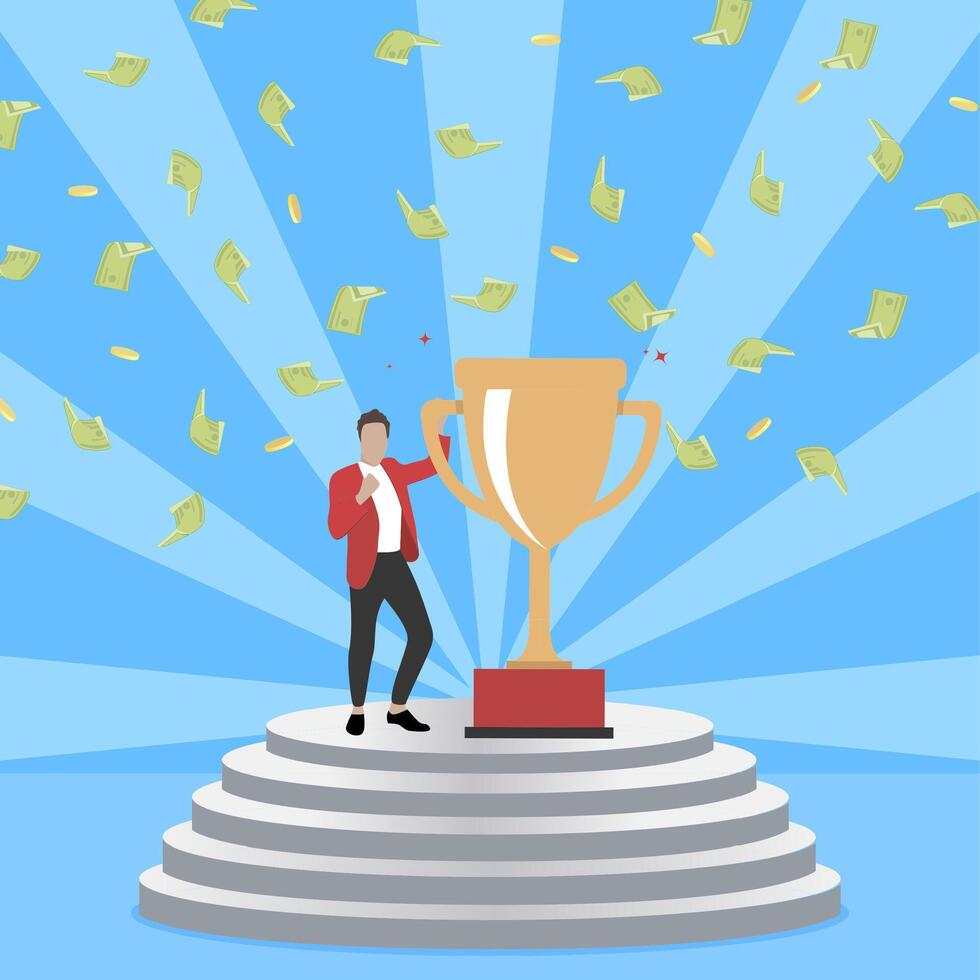 Winner staying on pedestal with golden goblet. Vector pedestal with success man holding golden cup, celebration money jackpot, illustration businessman with trophy, victory competition