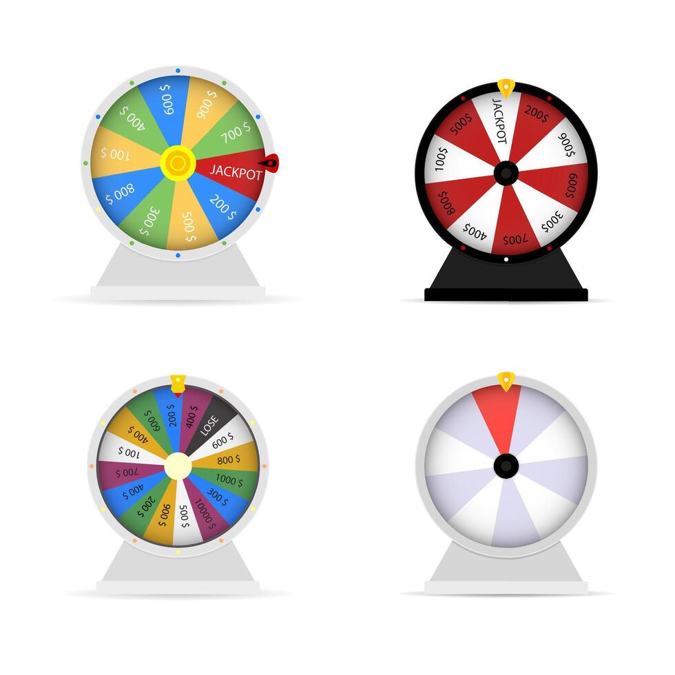 Fortune wheel collection, luck spin and roulette. Risk leisure, success in spin lottery, lucky fortune game, win in casino prize. Vector illustration jackpot opportunity