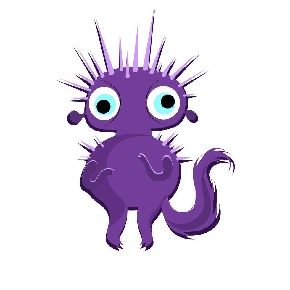 Purple halloween monster with sharp thorns and long tail. Vector mascot goblin spooky, bizarre cute face illustration