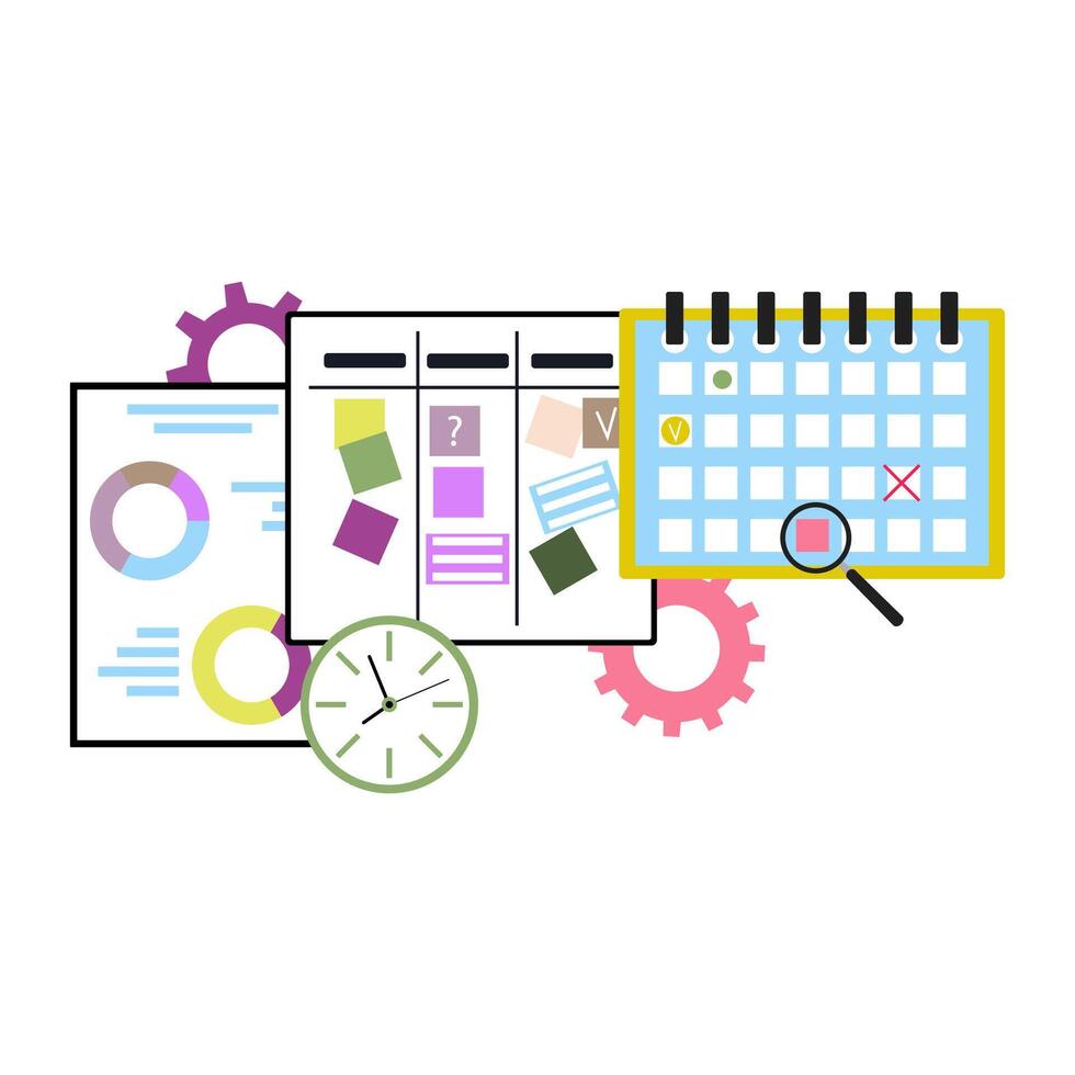 ágil negocio concepto, planeando y analizar hora calendario y utilizando fecha límite a calendario, metodología de administración puesta en marcha, tarea tablero Kanban, vector ilustración