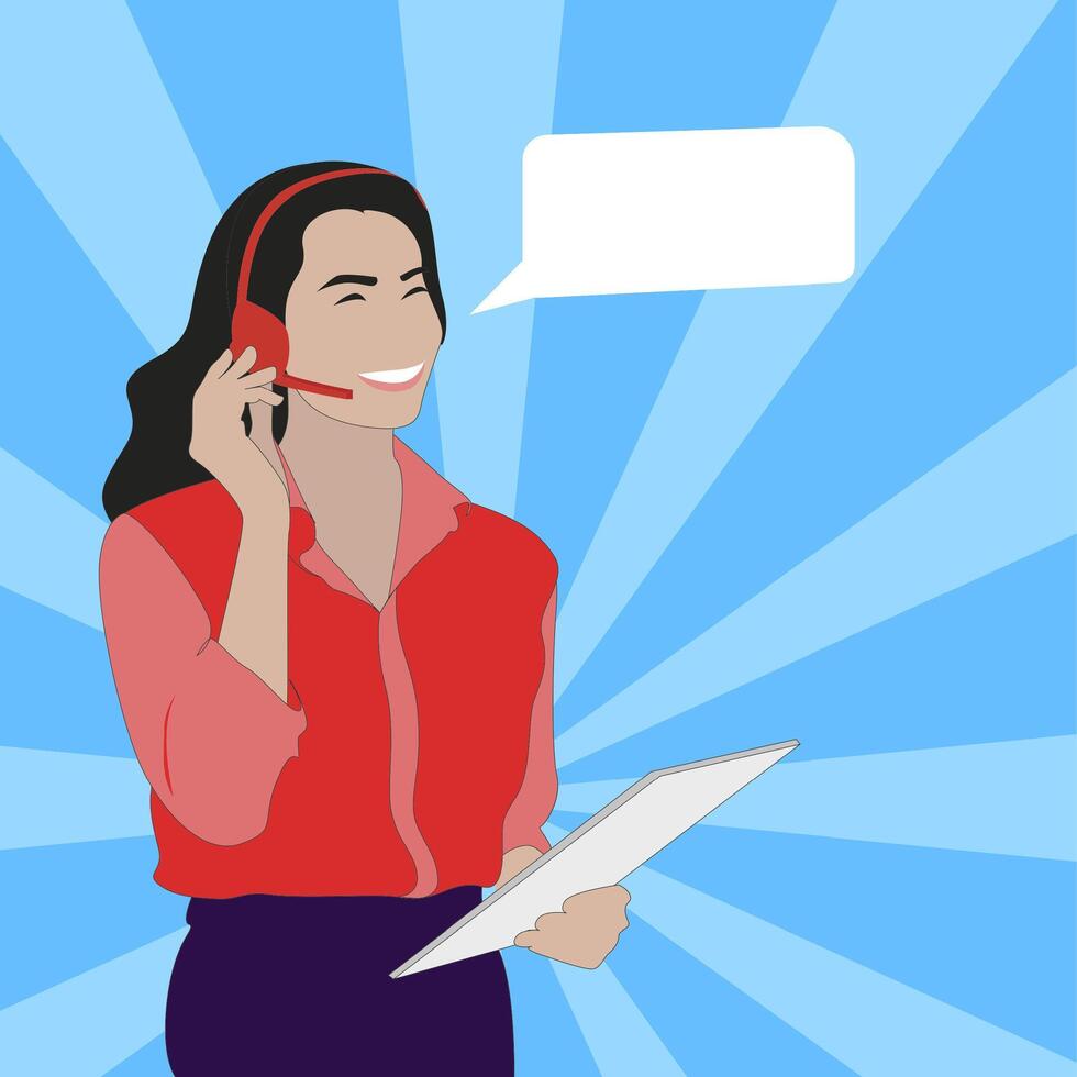 Attractive woman operator call center and empty speech bubble. Consultation helpdesk, hotline friendly, call center service. Vector illustration