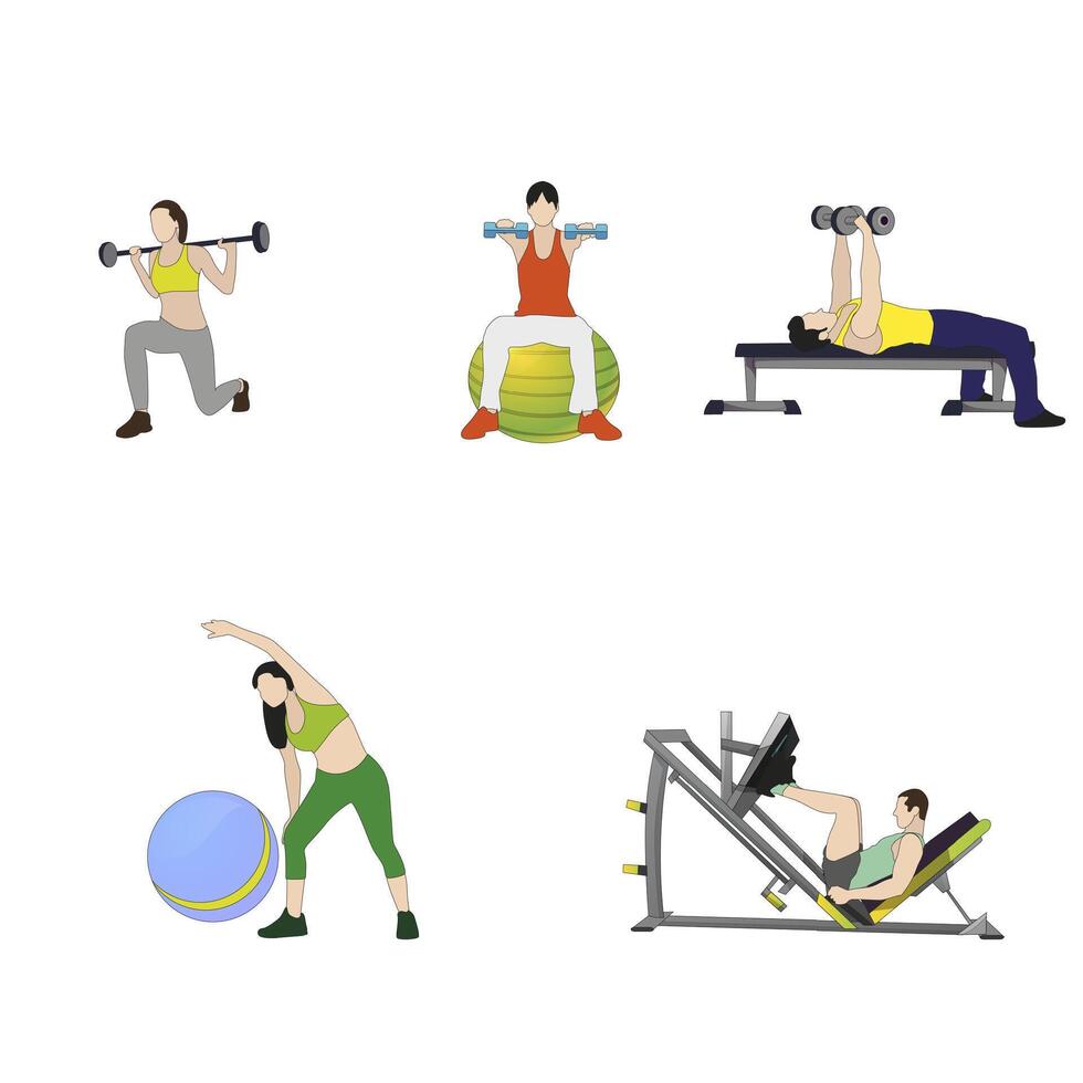 People do exercise various pose. Vector physical workout, strong man and woman sport position illustration