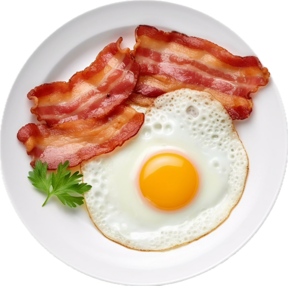 AI generated top view of fried eggs and bacon breakfast on white dish png