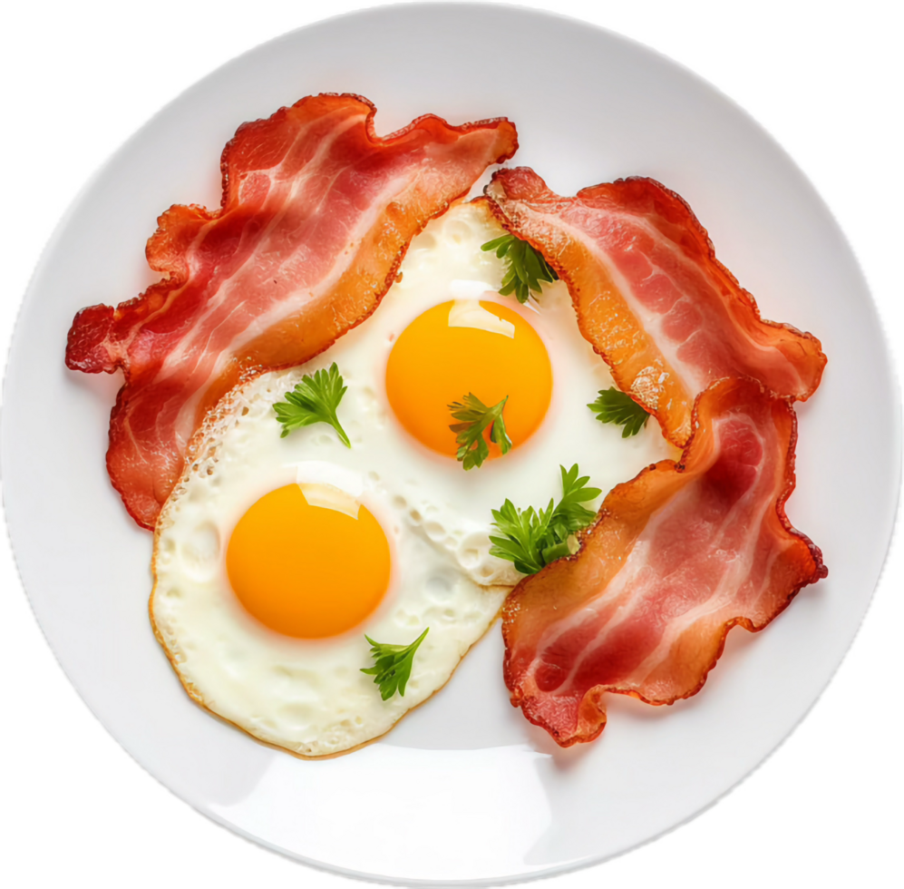 AI generated top view of fried eggs and bacon breakfast on white dish