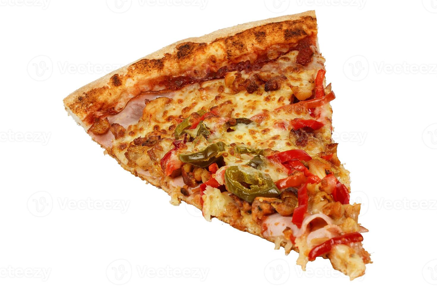 Slice of pizza without background. Jalapeno pizza with pepper and ham. photo