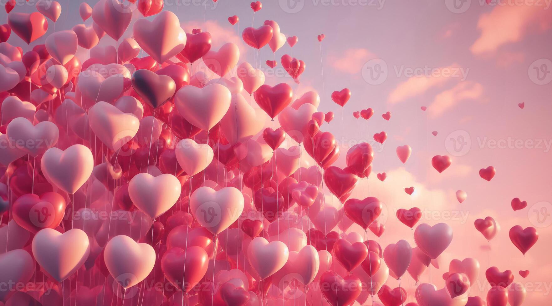 AI generated Bunch of heart shaped pastel pink balloons floating in pink sky background, soft delicate pink, valentine mood, month of love, coy space for text or advertising, generative ai photo