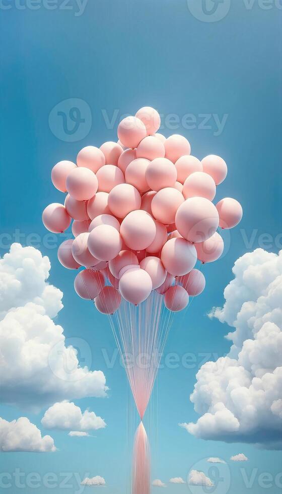 ai generado un manojo de pastel rosado globos flotante alto en el azul cielo fondo, suave delicado rosa, enamorado ánimo, mes de amar, tímido espacio para texto o publicidad, generativo ai foto