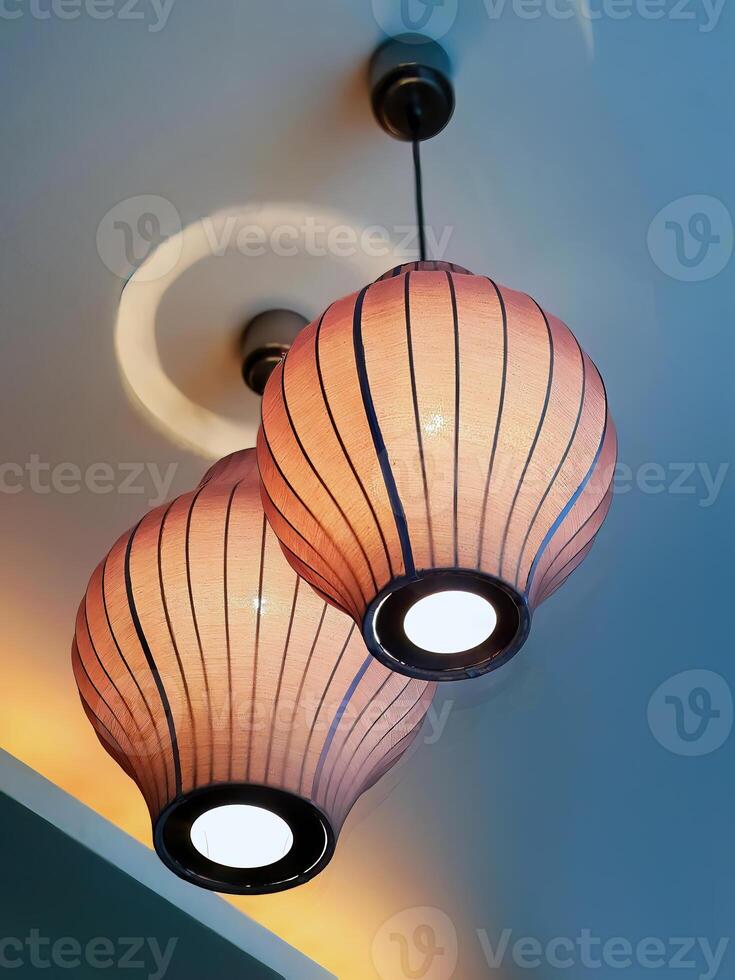 Silk fabric lantern ceiling lamp, vintage design bubble hanging, low angle view, home decor pendant for interior design, Lumiere Shades object element photo