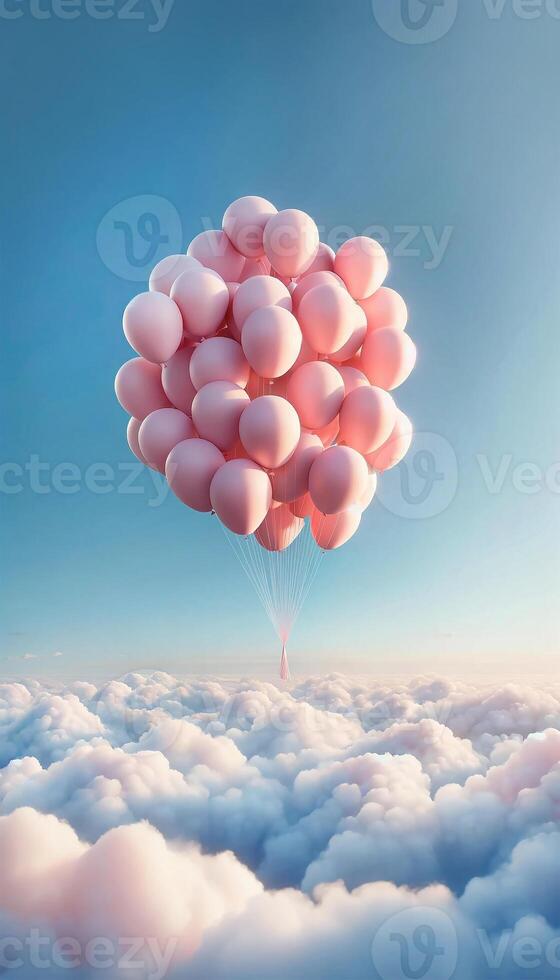 AI generated A bunch of pastel pink balloons floating high in the blue sky background, soft delicate pink, valentine mood, month of love, coy space for text or advertising, generative ai photo