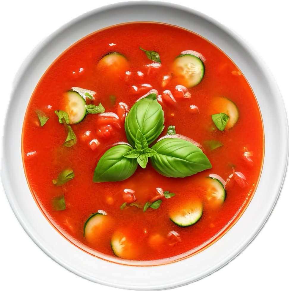 AI generated tomato soup with fresh basil and cucumber png