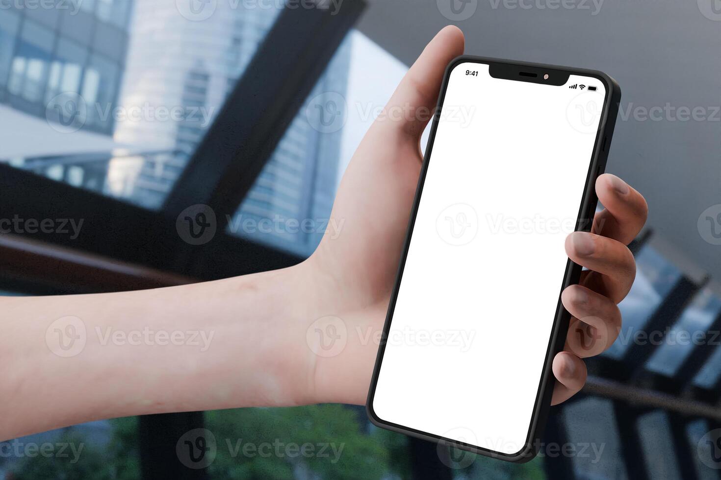 Smartphone mockup in a hand holding it with urban business environment photo