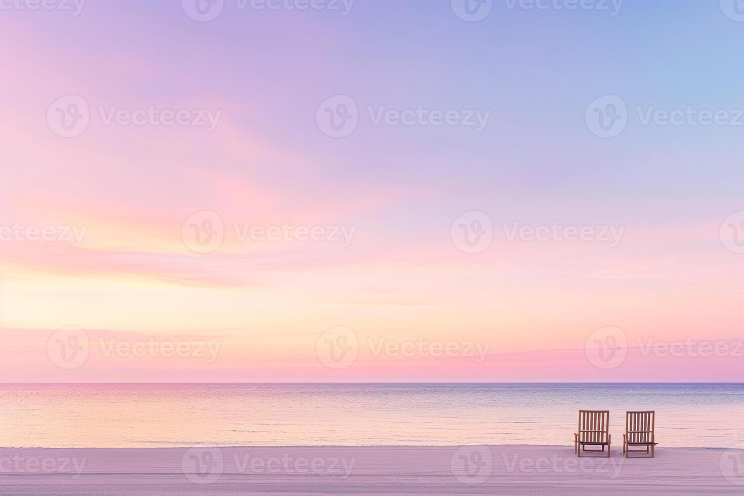 AI generated Serenity at Sunset, Beach Landscape with Empty Chairs photo