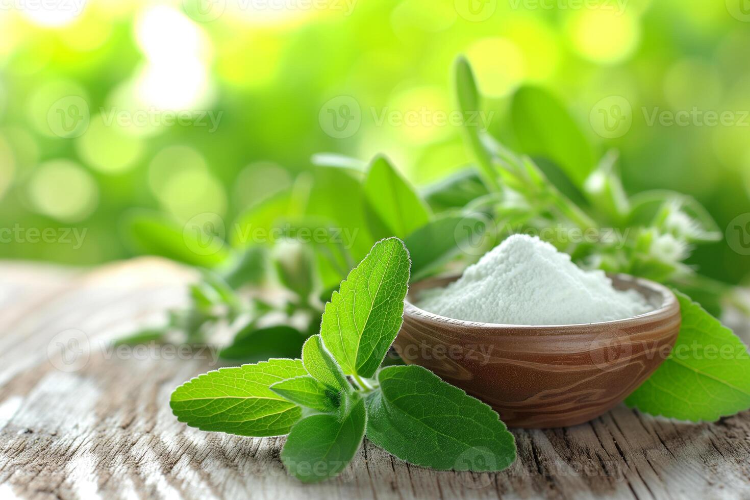 AI generated Stevia Leaves and Powdered Sweetener on Wooden Table in Garden photo