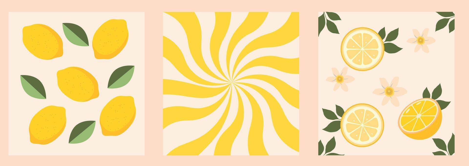 Collection modern abstract prints with lemons and leaves. Modern art print. Set of citrus tropical fruits. Summer vector design for cards, invitations, posters, banners.