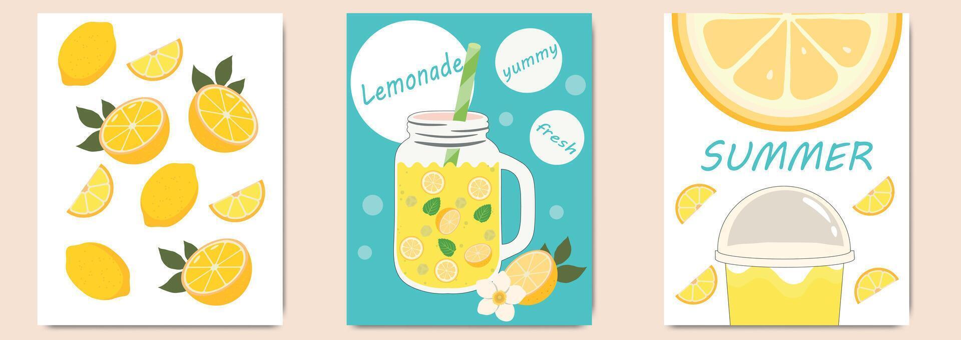 jugoso y brillante verano carteles, pancartas, cubre o etiquetas con limonada. decorativo limonada póster para impresión. mano dibujado fondo con agrios frutas vector