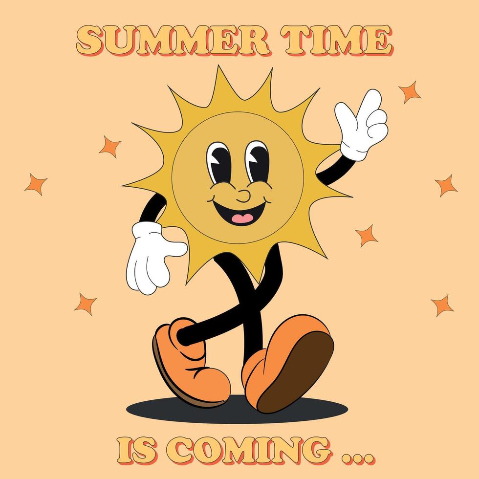 Retro groovy Poster with cute character The sun. Cartoon isolated funny comic character The sun. Retro hippie badges collection vector