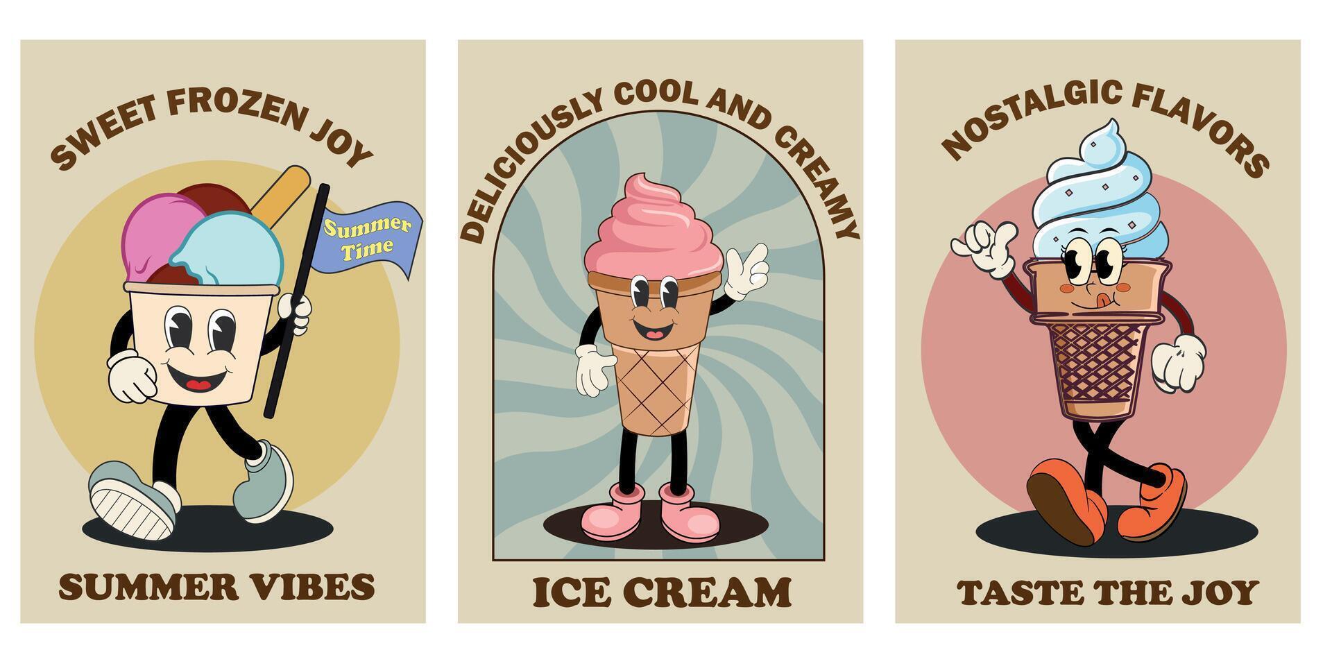 Set of retro cartoon Ice cream characters posters. Vector illustration. Funny dessert mascot in retro style Nostalgia 60s, 70s, 80s. Comic character, slogan, quotes and other elements for restaurant