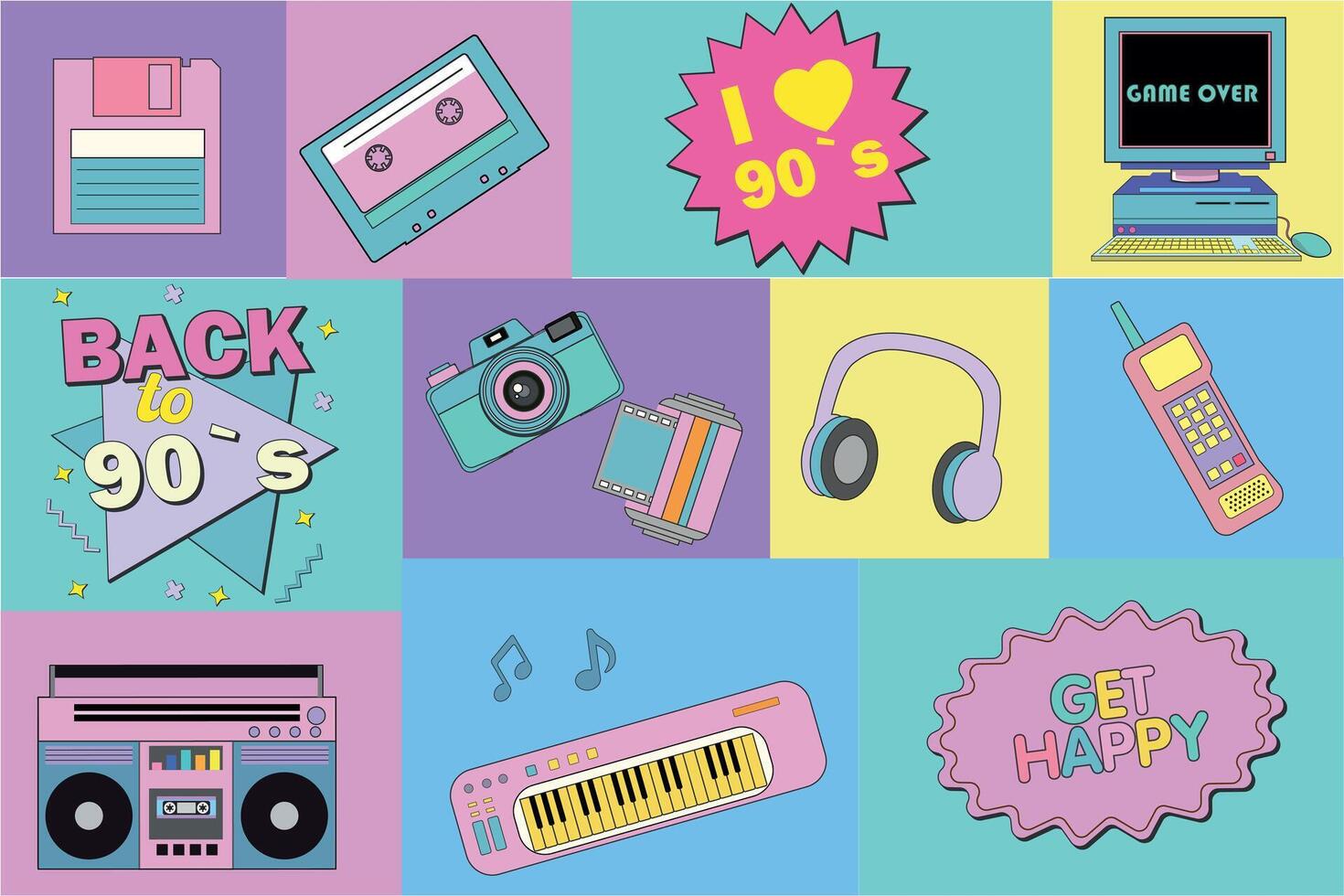 Set of colorful retro elements 80s 90s. Collection of 90s elements old pc, phone, audio player, cassette, CD, floppy disk, roller skate. Geometric poster in pop art style. Retro set of 80s 90s vector