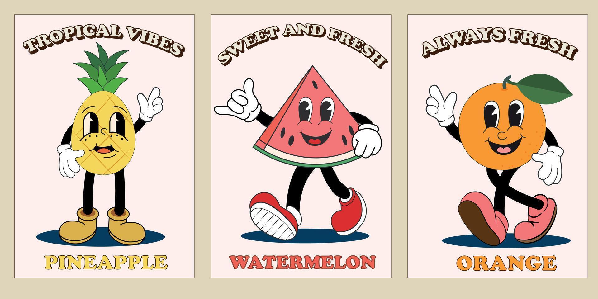 retro maravilloso Fruta personaje. retro maravilloso verano carteles colocar. dibujos animados verano años 60, 70s pegatinas, sellos o parches Clásico Fresco Fruta mascota. de moda retro estilo. vector