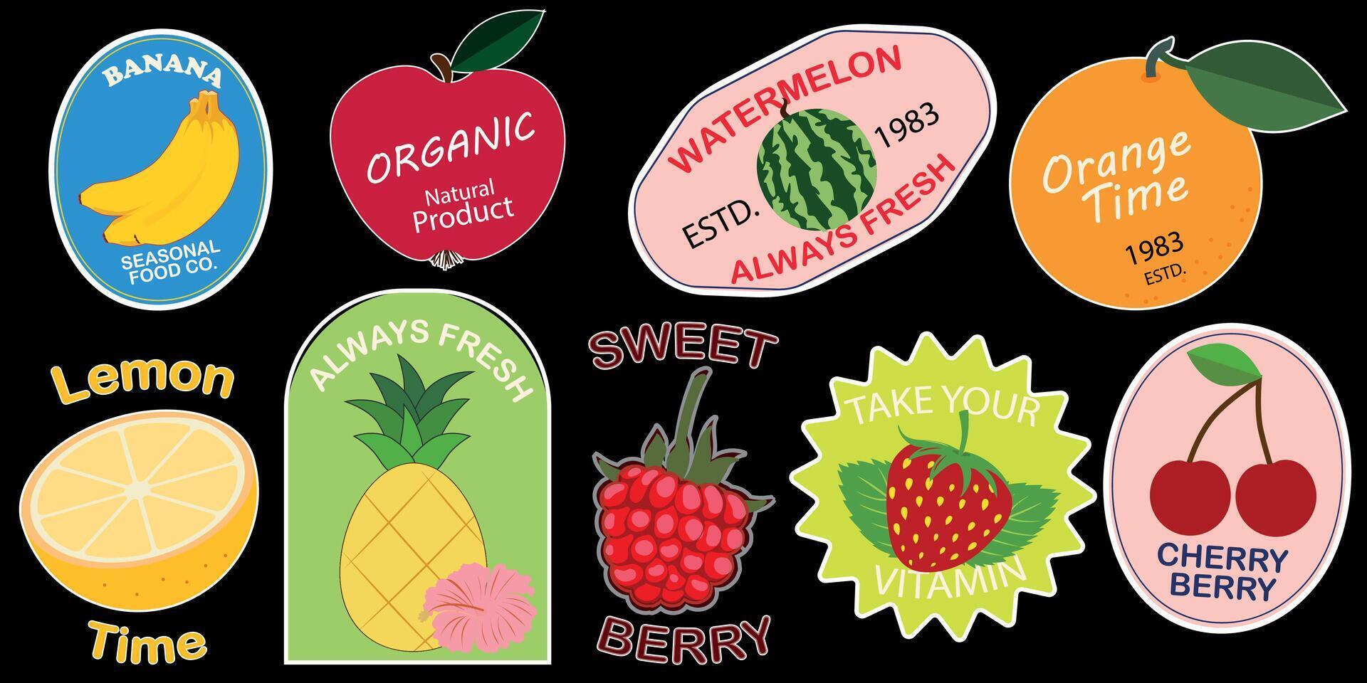 conjunto de estacional frutas etiquetas pegatinas y marcas o insignias modelo para embalaje. Cereza fresa plátano sandía, eslogan, citas y otro elementos. frutas bayas jugoso pegatina embalar. vector