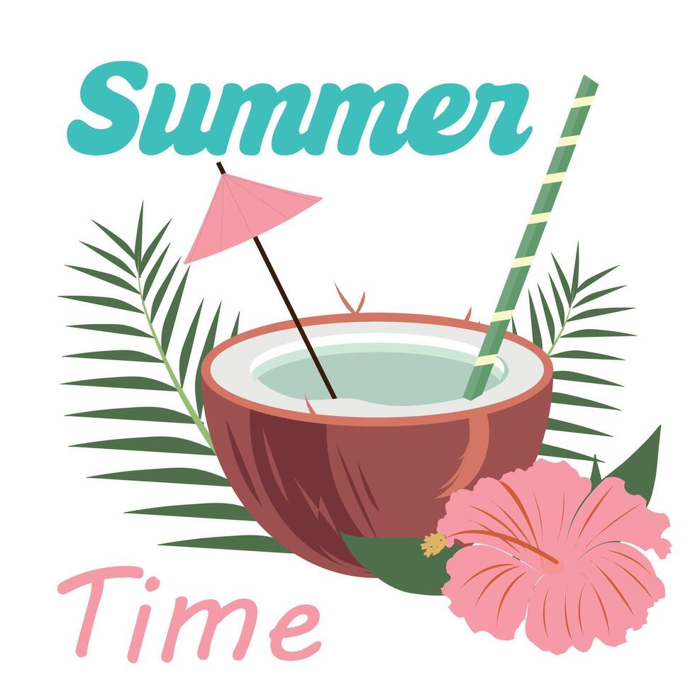 Cocktail in a coconut shell with an umbrella and straw in trendy hues with exotic leaves. For web,card,poster,cover,tag,invitation,sticker, t-shirts design. vector