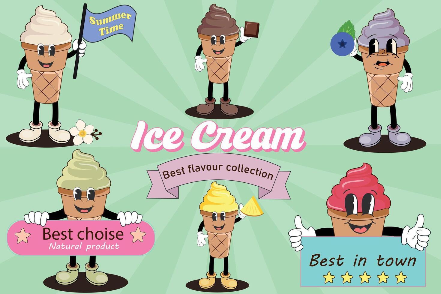Ice Cream groovy characters set with different tastes and motivational quotes. Vector illustration. Funny dessert mascot in retro style Nostalgia 60s, 70s, 80s.