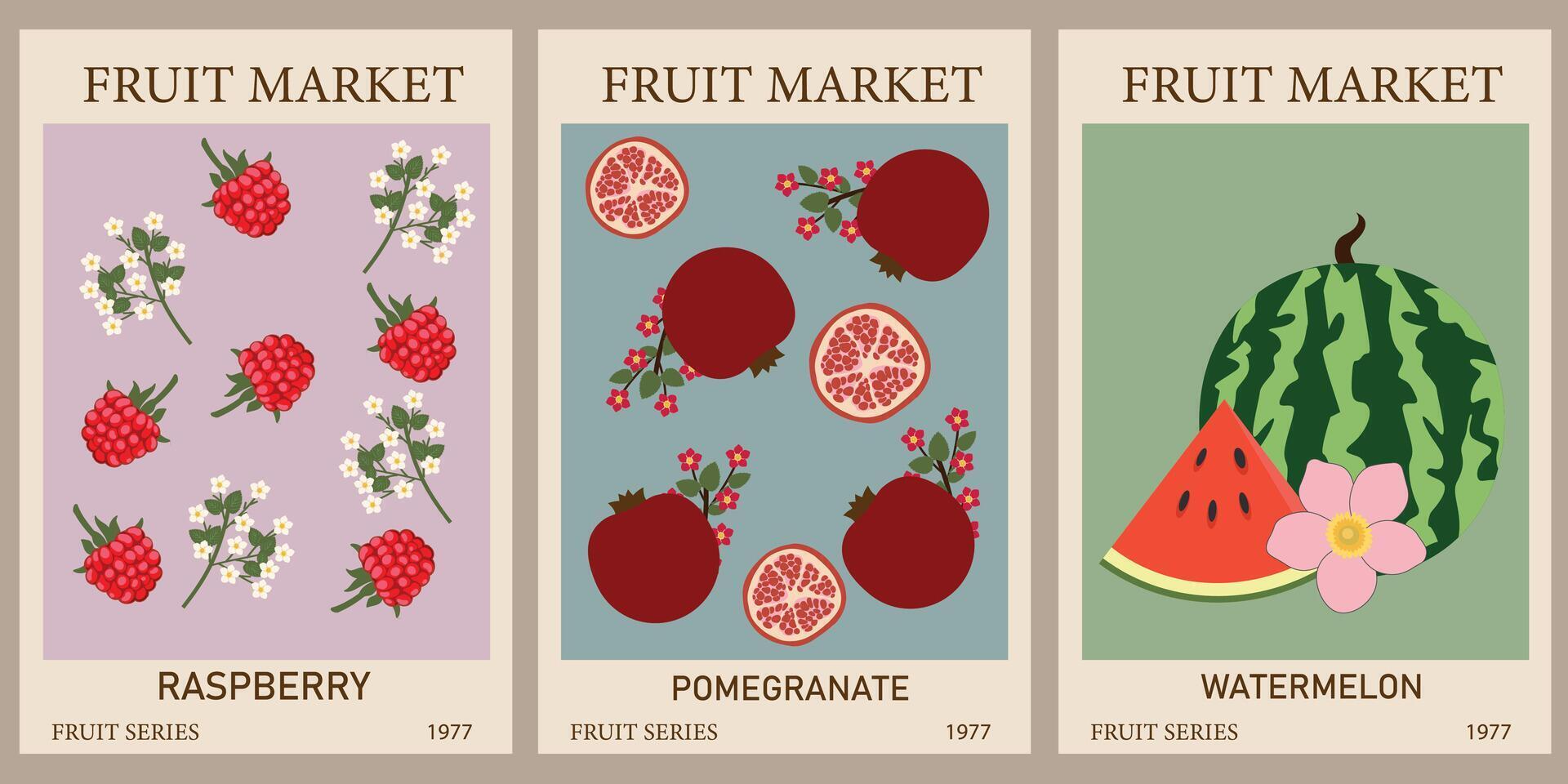 Retro abstract Fruit Market posters. Trendy gallery wall art with raspberry, watermelon,pomegranate. Modern naive groovy funky interior decorations, paintings. Vector art illustration