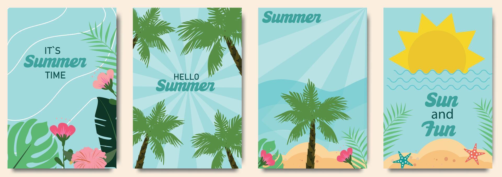 resumen mínimo verano póster, cubrir, tarjeta conjunto con naturaleza paisaje, sol, tropical flores, palmas en el mar, campos y tipografía diseño. verano vacaciones, viaje, vacaciones viaje ilustraciones vector