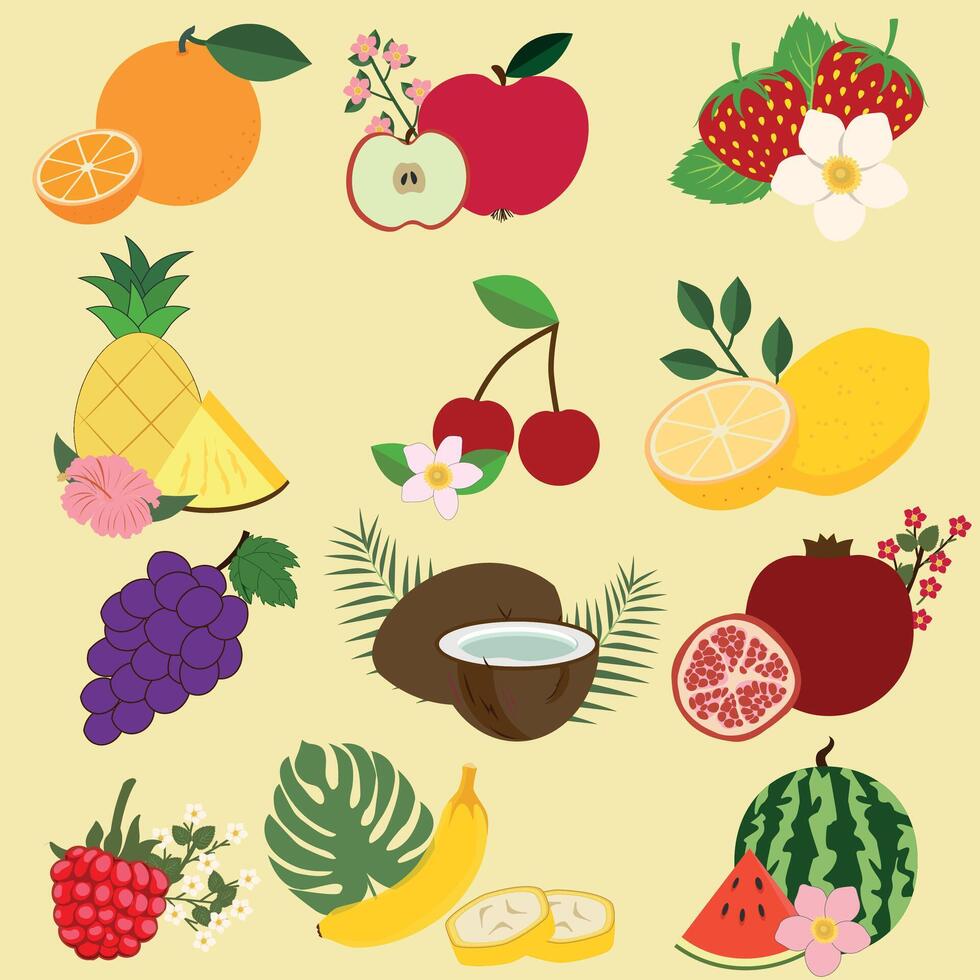 Set colorful fruits and berries. Natural tropical fruits. Apple, peach, strawberry, banana, pomegranate, pineapple, pear, orange, strawberry, grape, cherry. Organic, vegan food illustration vector