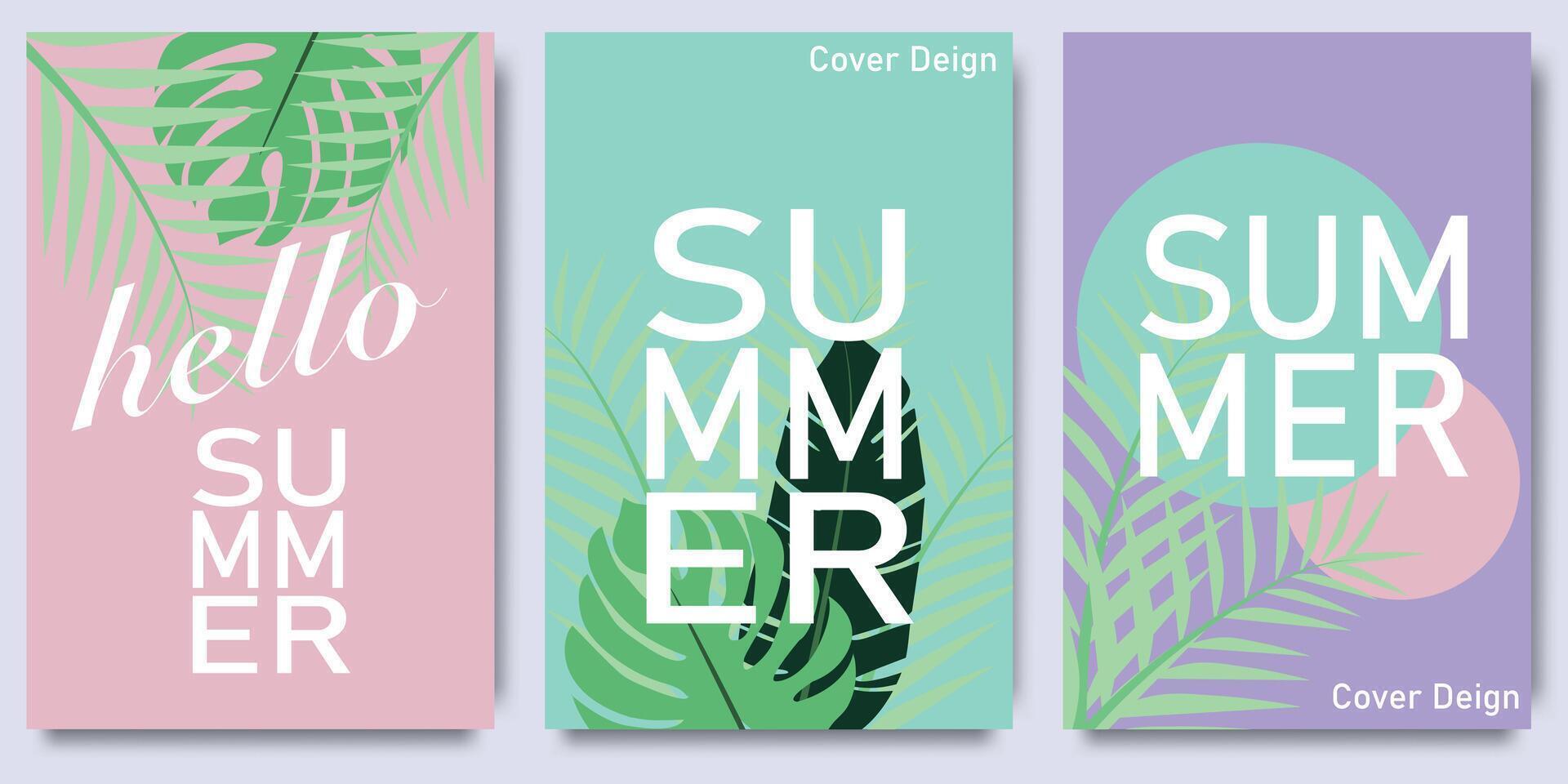 Hola verano carteles o cubre con resumen tropical hojas y moderno tipografía. diseño plantillas para marca, publicidad, promoción eventos. tropical verano conjunto carteles vector