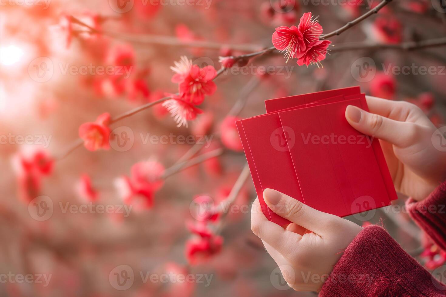 AI generated Chinese New Year Red Envelopes and Plum Blossoms photo