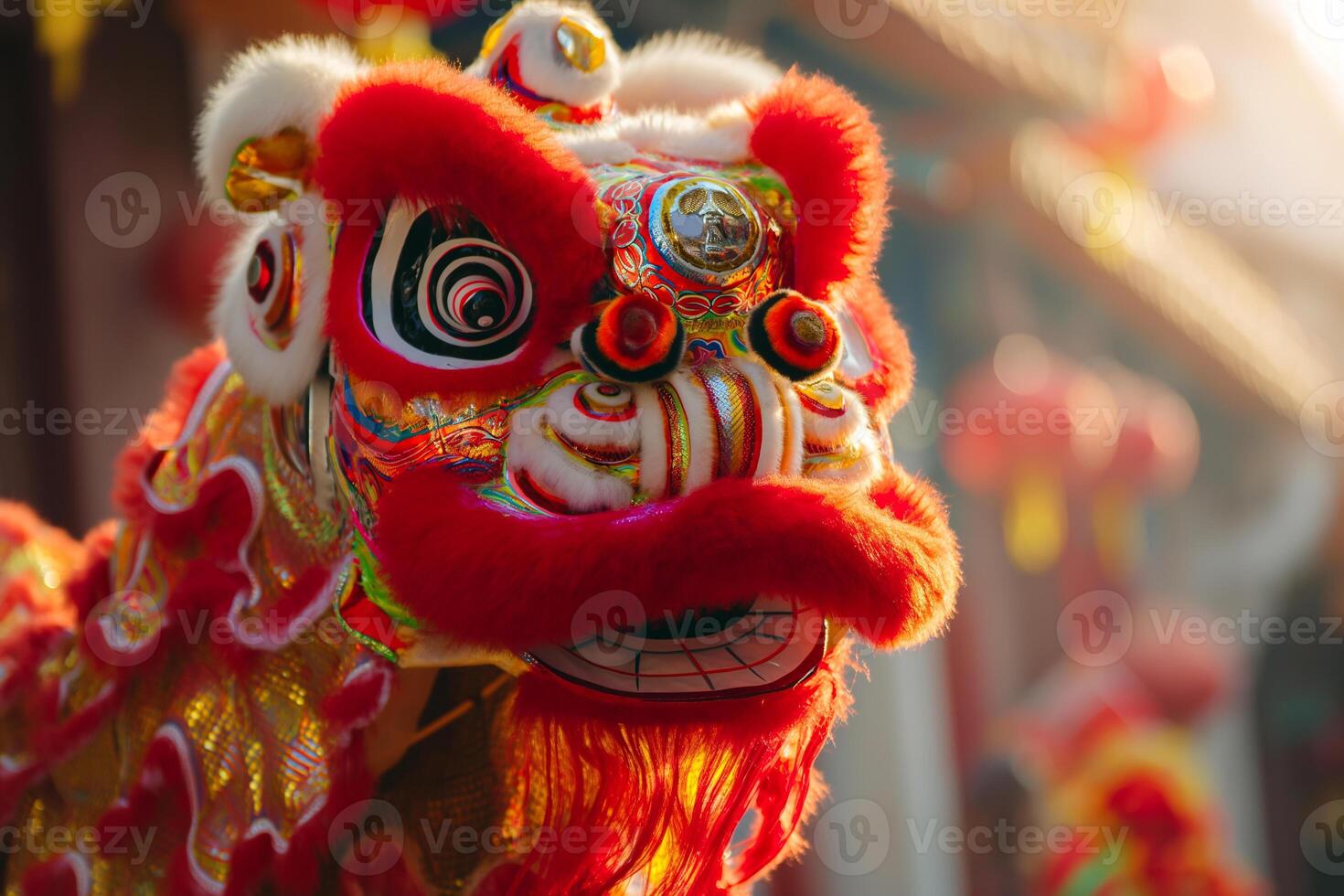 AI generated vibrant traditional lion and dragon dances at chinese new year photo