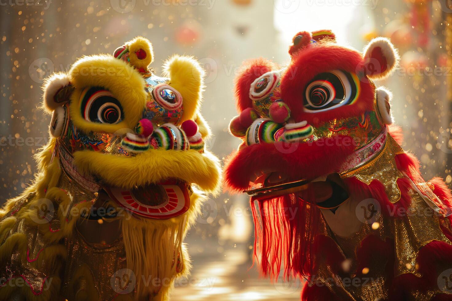 AI generated vibrant traditional lion and dragon dances at chinese new year photo