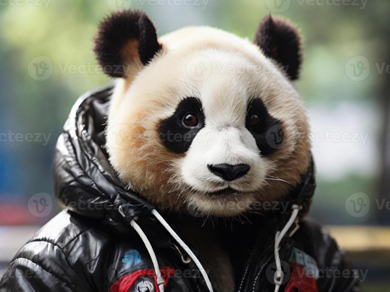 AI generated Close up of a panda wearing a jacket and earphone photo