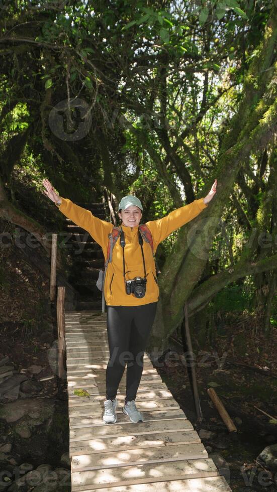 Woman dressed in a yellow jacket and black pants, carrying a red backpack, standing on a wooden bridge, with her arms open, in the middle of a forest during a sunny day photo