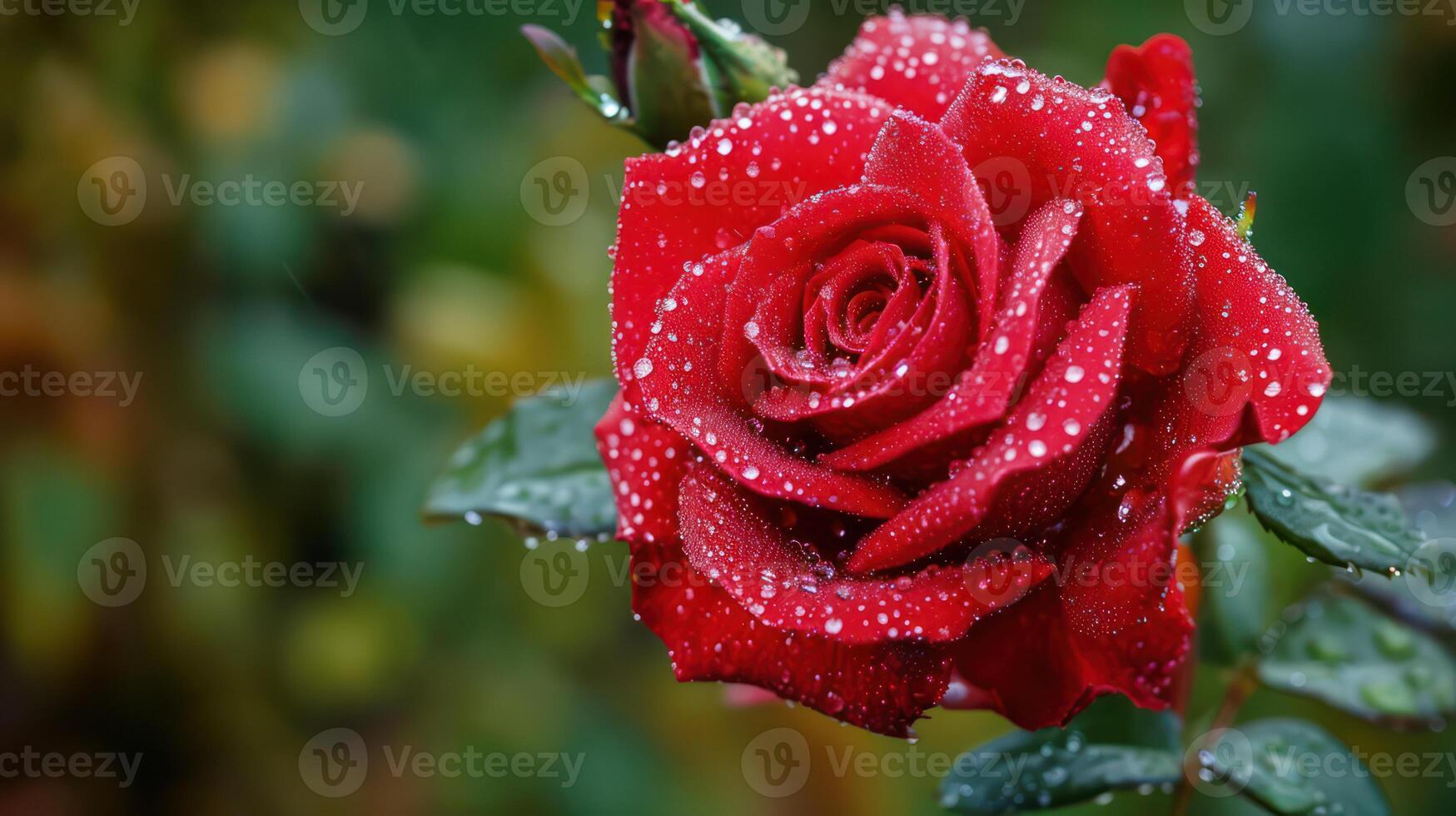 AI generated Beautiful close-up red rose delicately covered in morning dew, with copy space photo