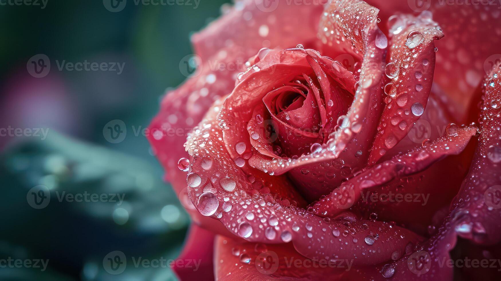 AI generated Beautiful close-up red rose delicately covered in morning dew, with copy space photo