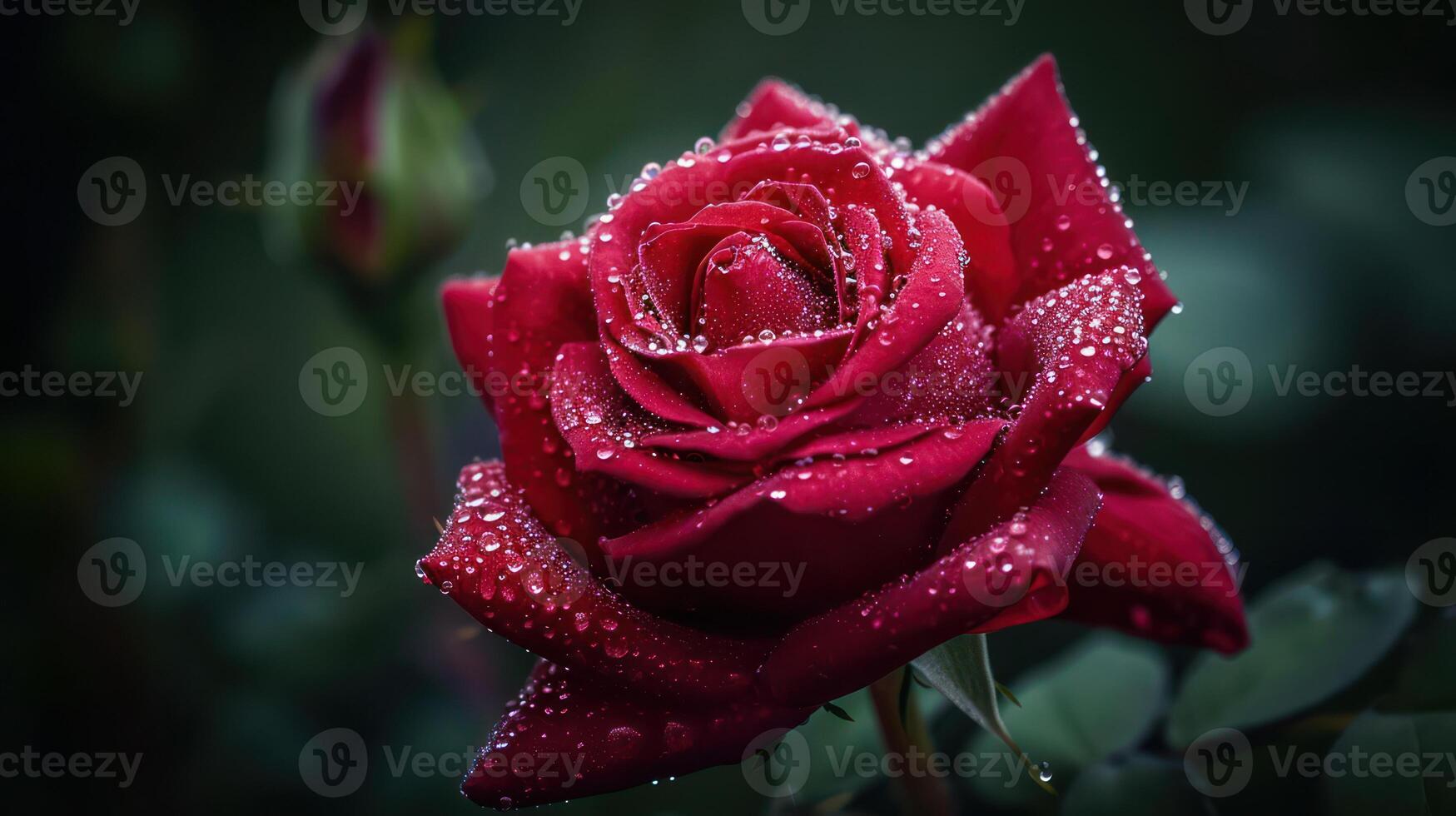 ai generado hermosa de cerca rojo Rosa delicadamente cubierto en Mañana Rocío, con Copiar espacio foto