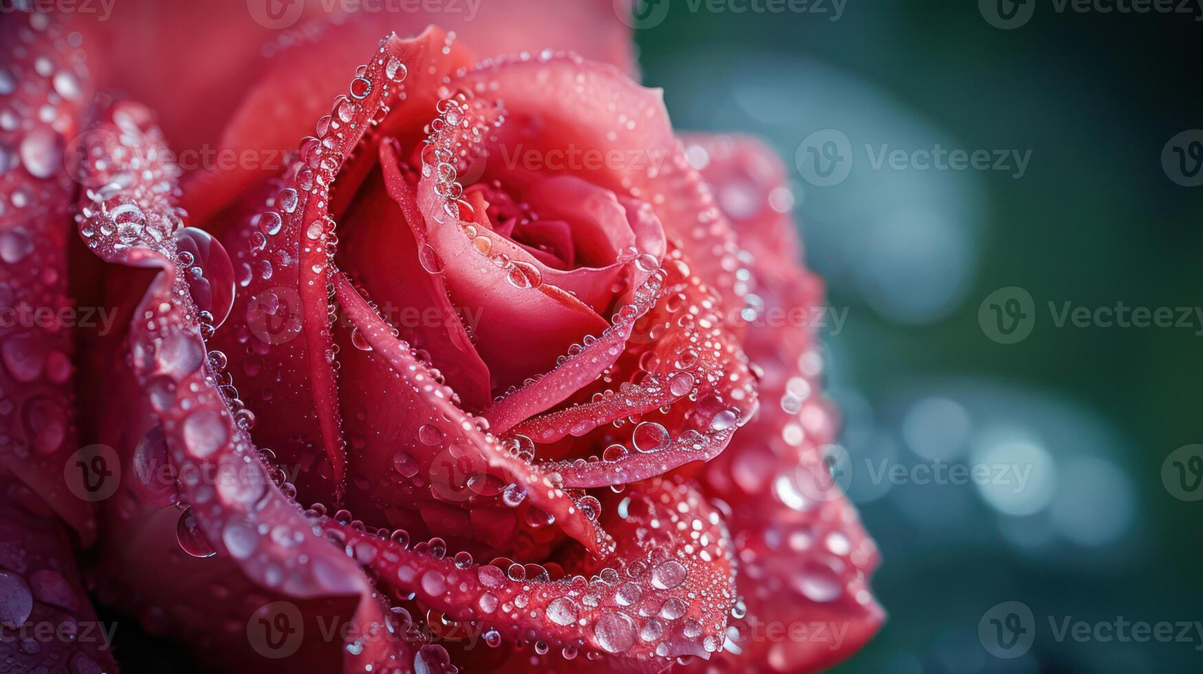 AI generated Beautiful close-up red rose delicately covered in morning dew, with copy space photo