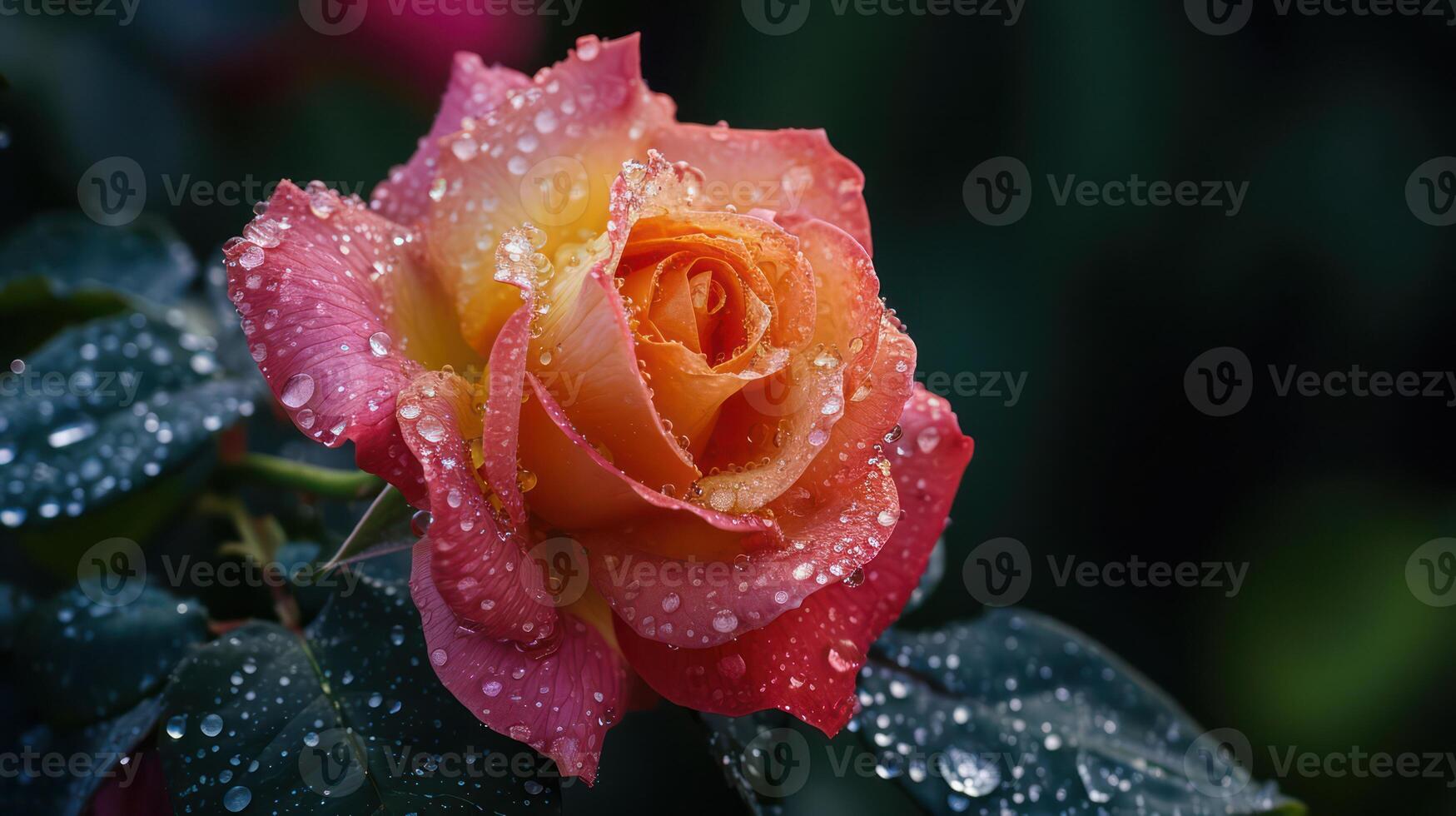 AI generated Beautiful close-up red rose delicately covered in morning dew, with copy space photo