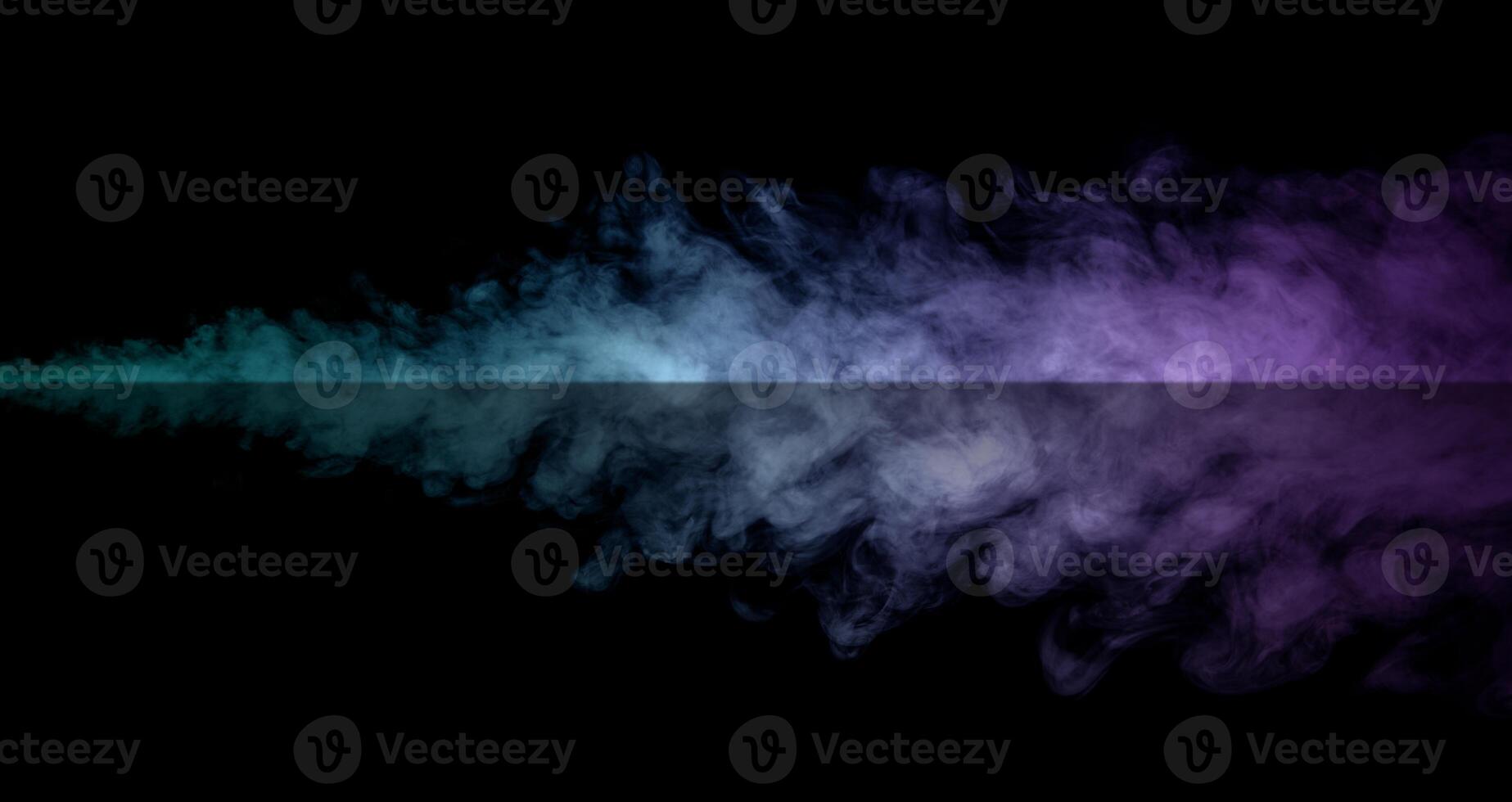Reflective black surface with clouds of blue and purple smoke mixing photo